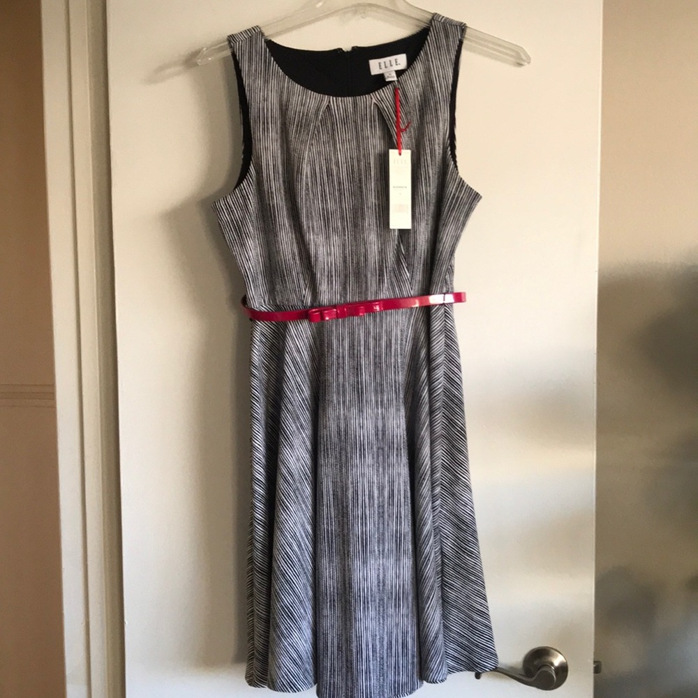 ELLE Black Stripe Pleat Neck Fit and Flare Dress